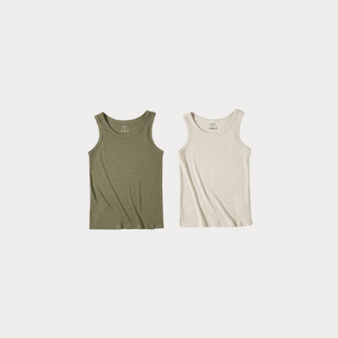 Two tank tops, one green and one beige, on a white background